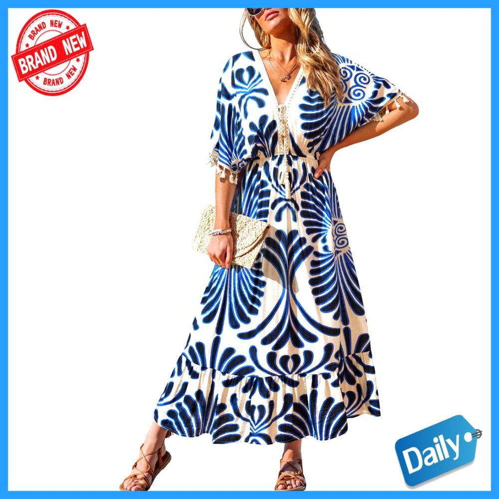 Maxi Dress With Tassel Tie Front V Neck Batwing Sleeve Smocked Waist